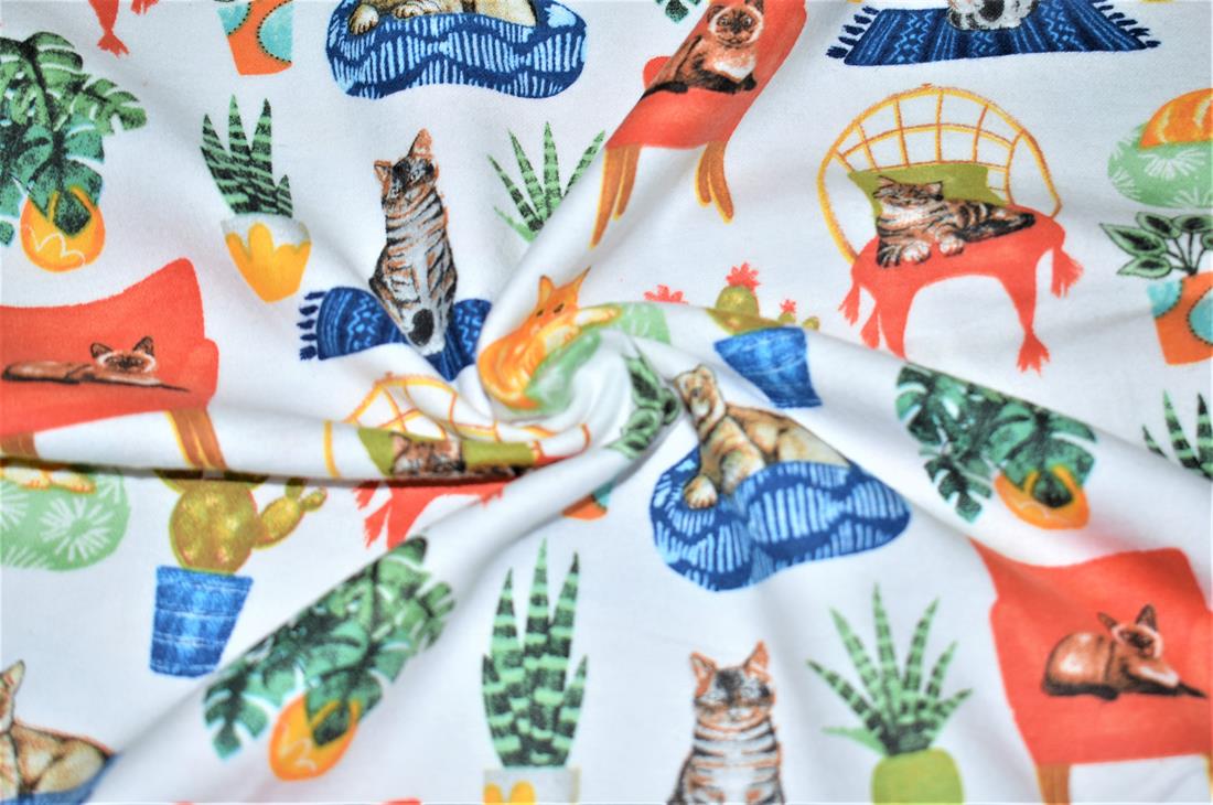 White Cat Printed Soft Brushed Flannel Winceyette 100% Cotton Fabric