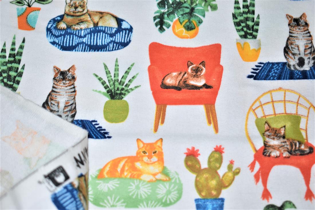 White Cat Printed Soft Brushed Flannel Winceyette 100% Cotton Fabric