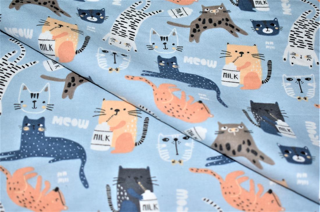 Blue Meow Printed Soft Brushed Flannel Winceyette 100% Cotton Fabric