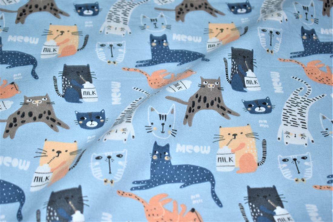 Blue Meow Printed Soft Brushed Flannel Winceyette 100% Cotton Fabric