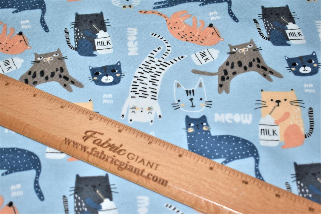 Blue Meow Printed Soft Brushed Flannel Winceyette 100% Cotton Fabric