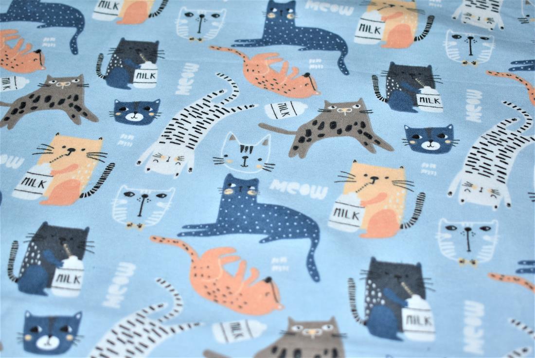 Blue Meow Printed Soft Brushed Flannel Winceyette 100% Cotton Fabric