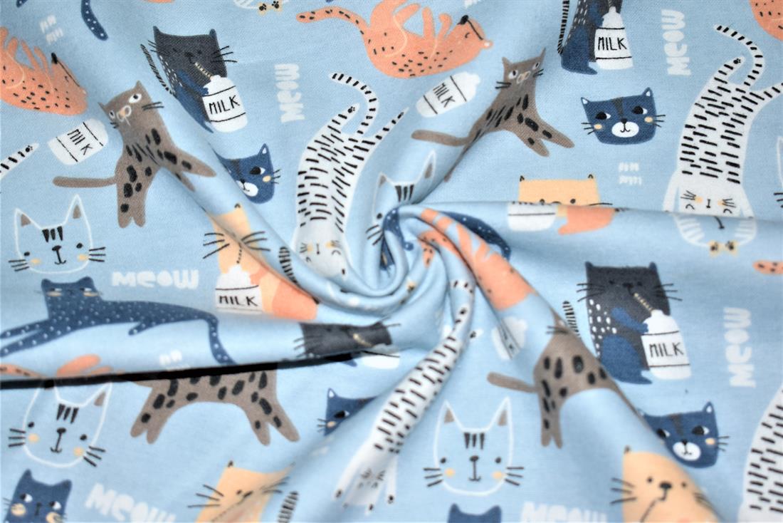 Blue Meow Printed Soft Brushed Flannel Winceyette 100% Cotton Fabric