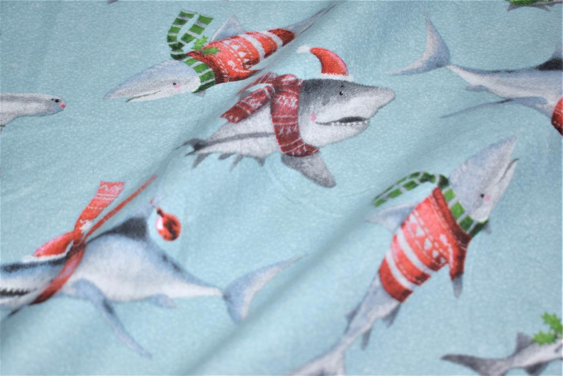 Blue Sharks Printed Soft Brushed Flannel Winceyette 100% Cotton Fabric