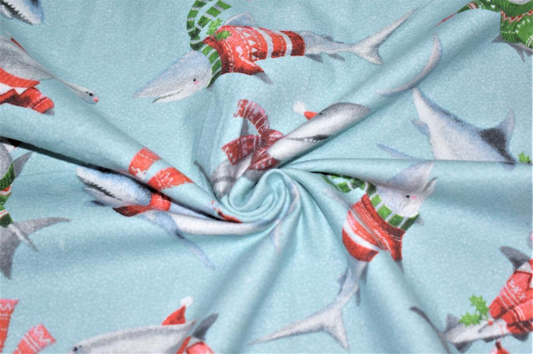 Blue Sharks Printed Soft Brushed Flannel Winceyette 100% Cotton Fabric