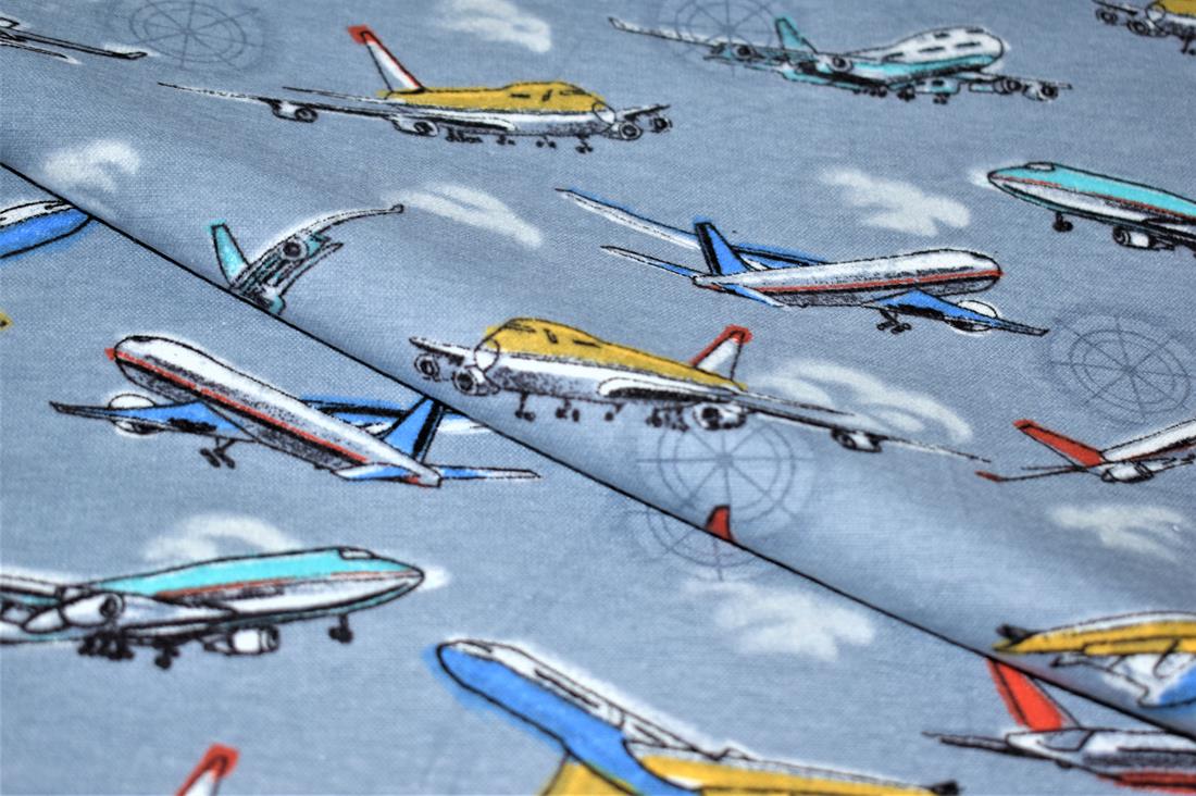 Grey Airplane Printed Soft Brushed Flannel Winceyette 100% Cotton…