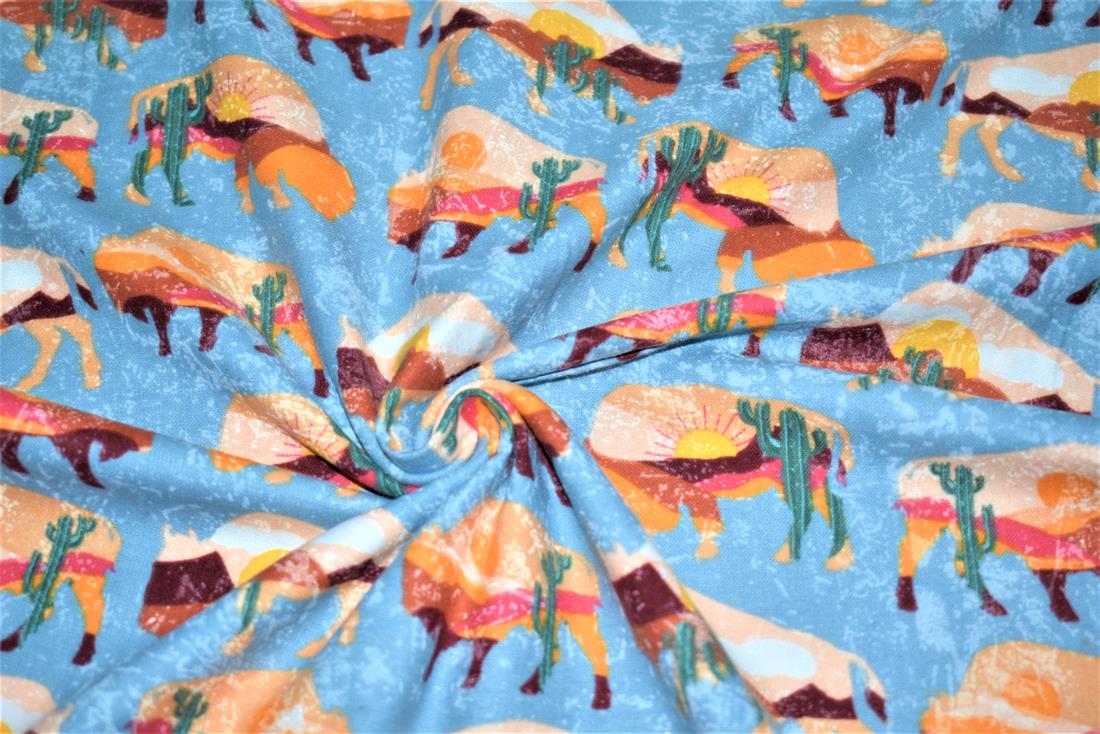 Blue Brushed Cotton Printed Fabric