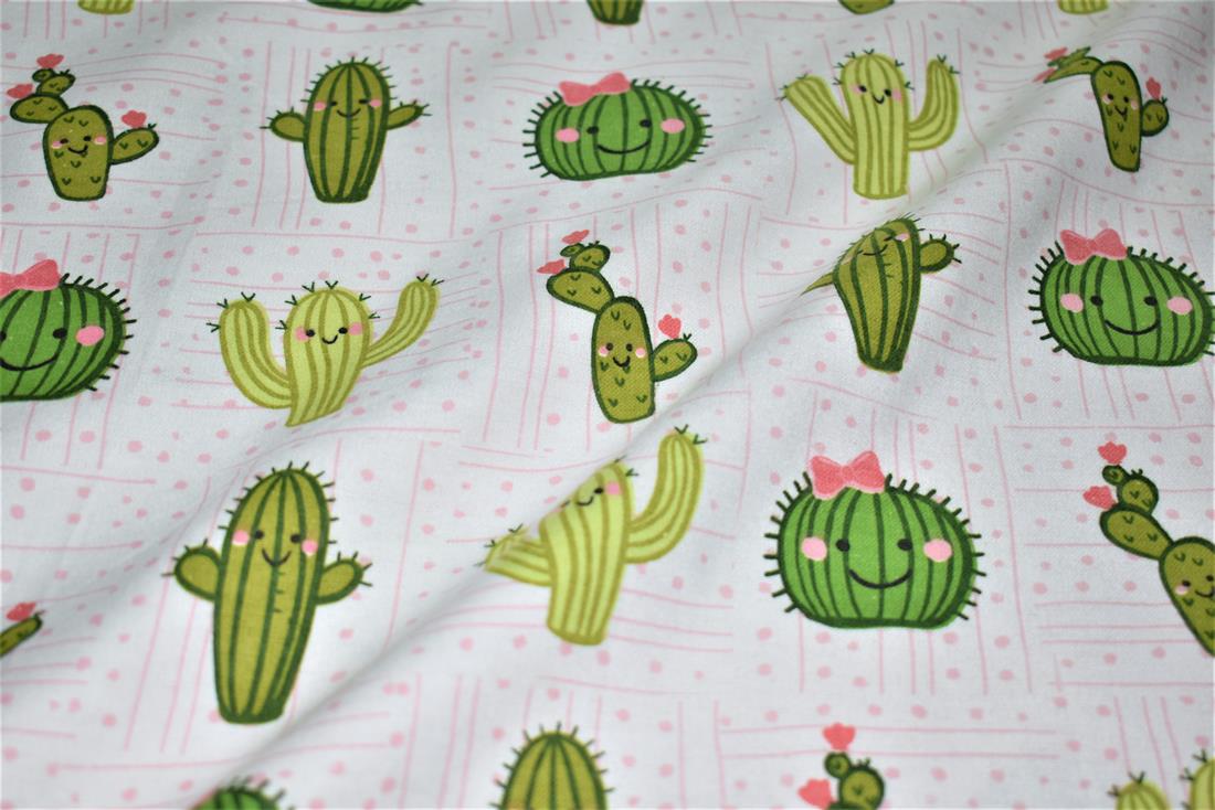 White & Green Cactus Printed Soft Brushed Flannel Winceyette 100%…