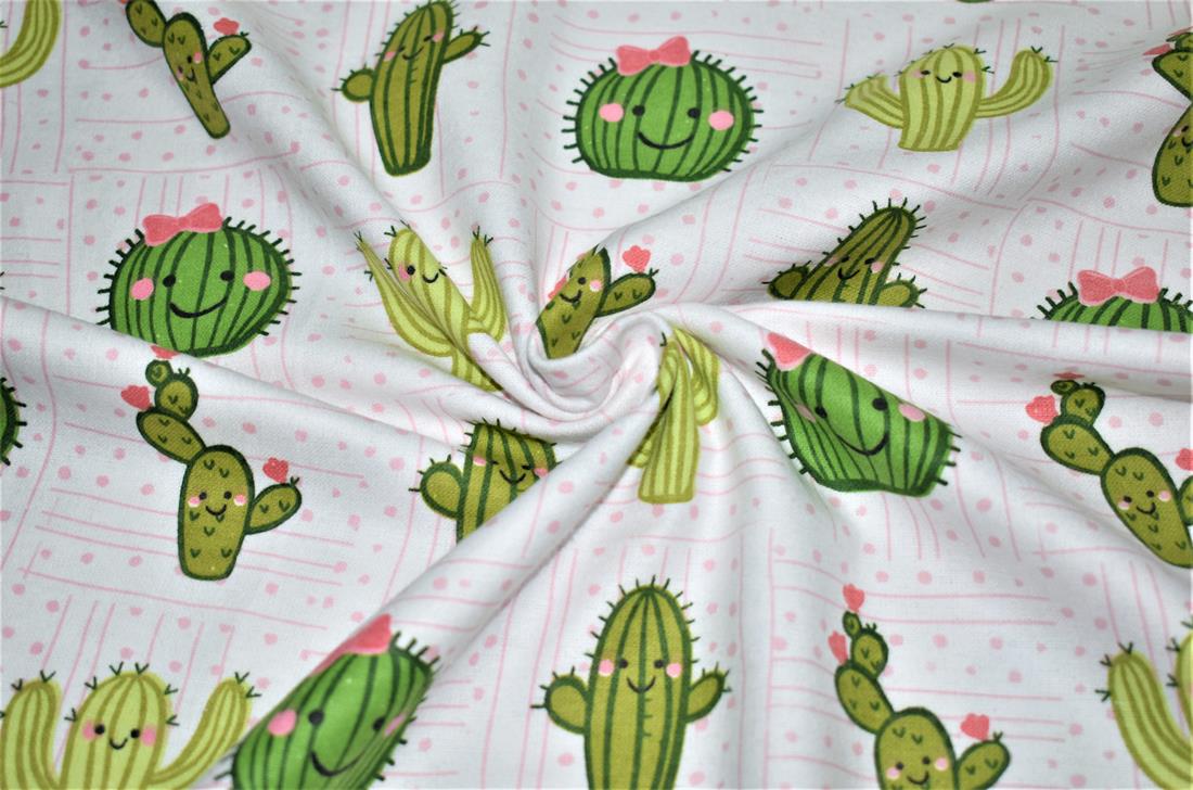 White & Green Cactus Printed Soft Brushed Flannel Winceyette 100%…