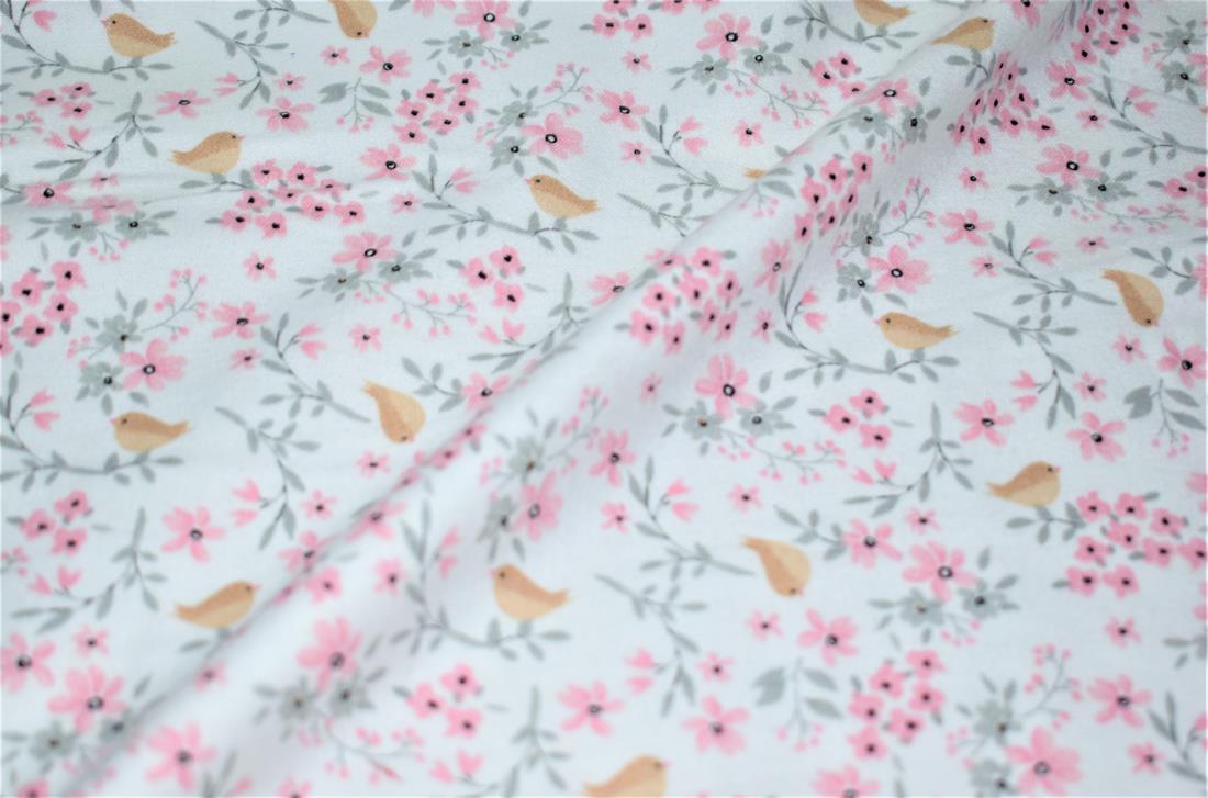 White Robin Birds Printed Brushed Flannel Winceyette 100% Cotton…