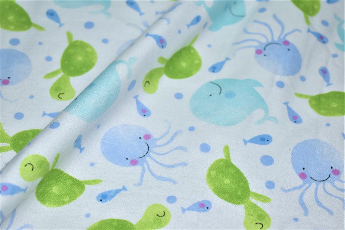 White & Blue Printed Premium 100% Brushed Flannel Cotton Fabric