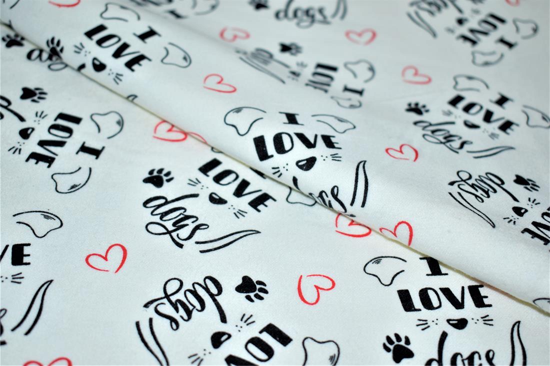 White Love Dogs Printed 100% Brushed Flannel Cotton Fabric