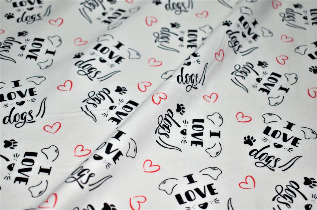 White Love Dogs Printed 100% Brushed Flannel Cotton Fabric