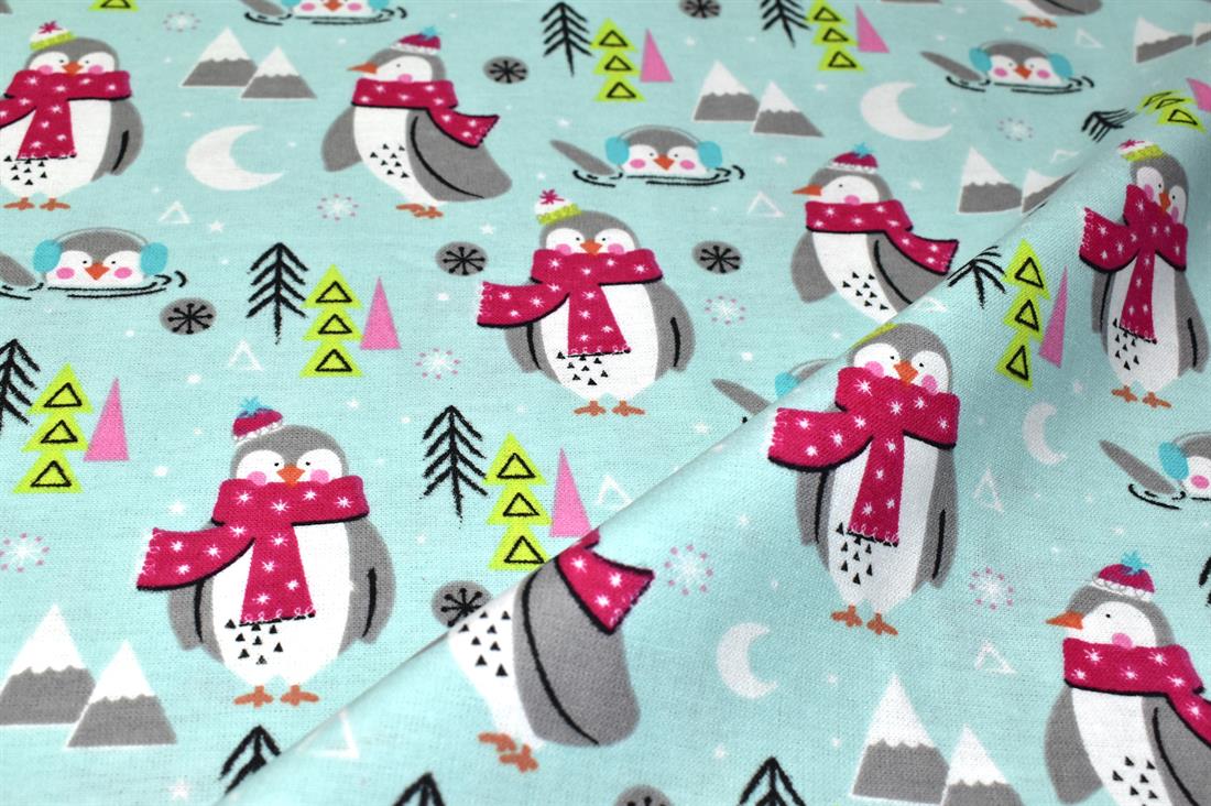 Aqua & Blue Festival Pengiun Printed Brushed Cotton Fabric