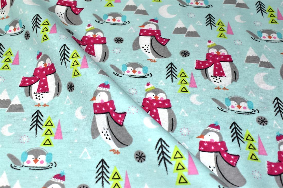Aqua & Blue Festival Pengiun Printed Brushed Cotton Fabric