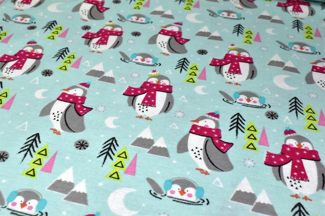 Aqua & Blue Festival Pengiun Printed Brushed Cotton Fabric