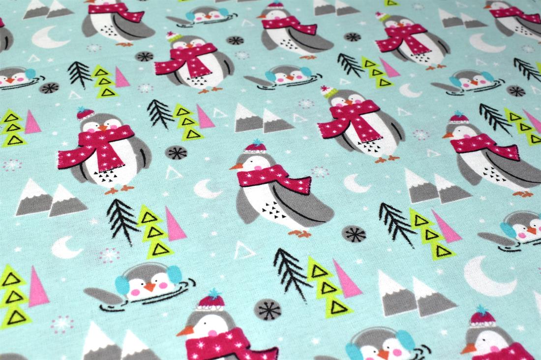 Aqua & Blue Festival Pengiun Printed Brushed Cotton Fabric