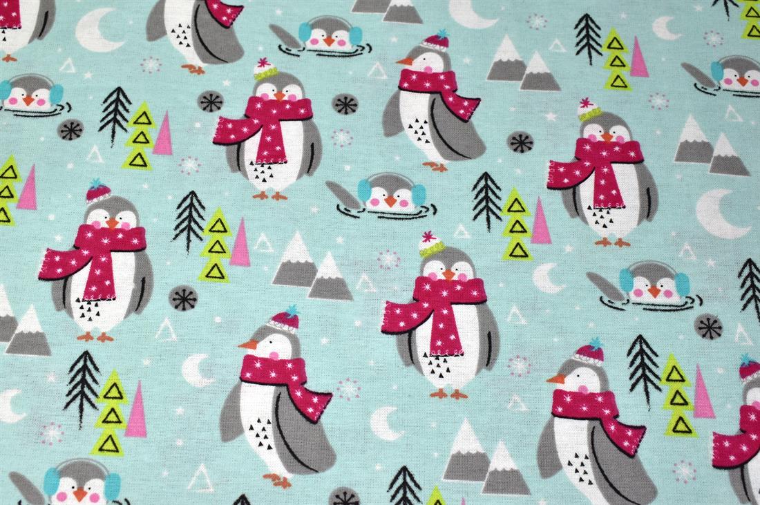 Aqua & Blue Festival Pengiun Printed Brushed Cotton Fabric