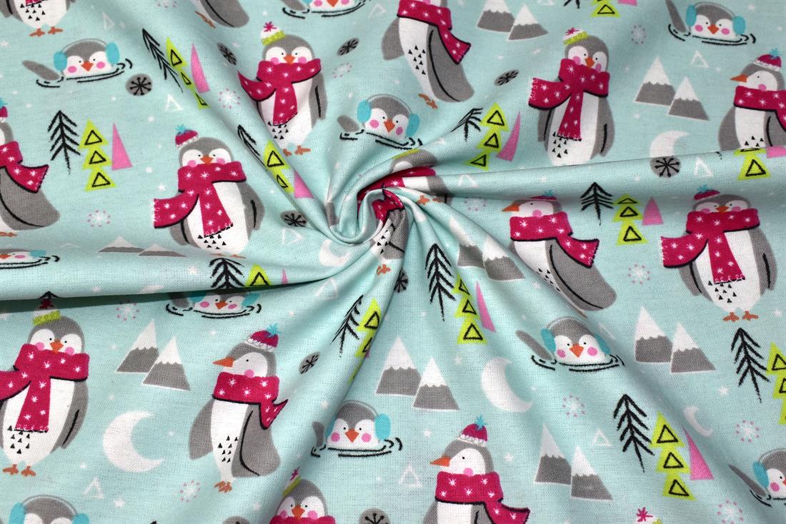 Aqua & Blue Festival Pengiun Printed Brushed Cotton Fabric