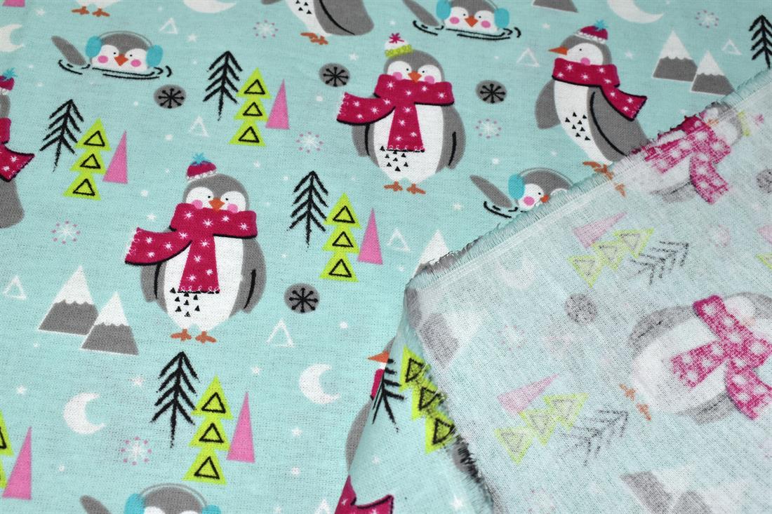 Aqua & Blue Festival Pengiun Printed Brushed Cotton Fabric