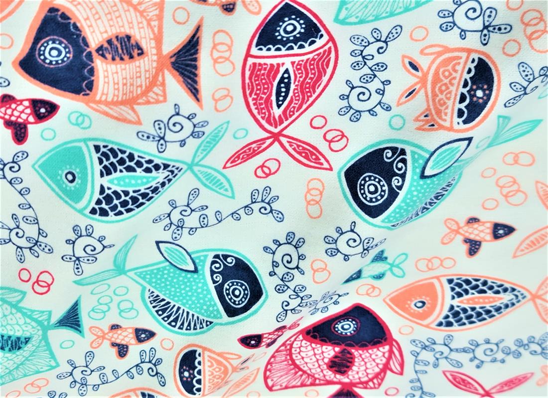 White & Mint Printed Brushed Cotton Fabric