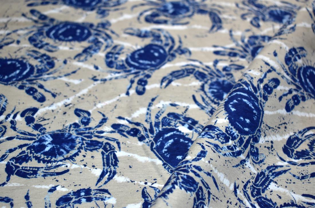 Beige & Navy Brushed Cotton Printed Fabric