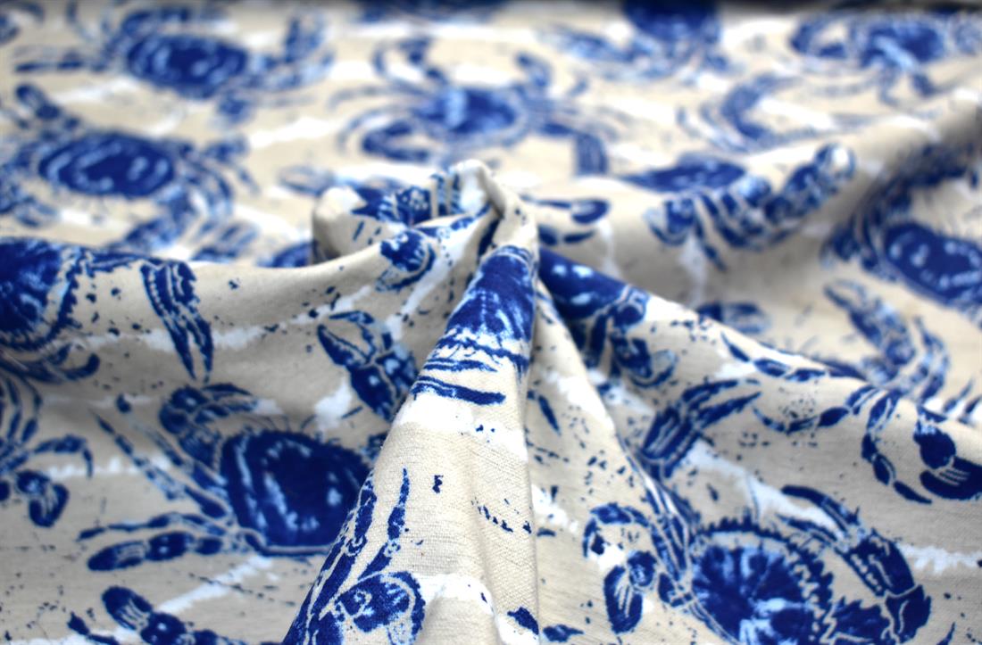 Beige & Navy Brushed Cotton Printed Fabric
