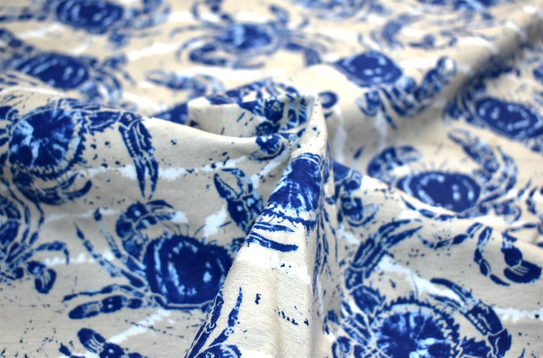Beige & Navy Brushed Cotton Printed Fabric