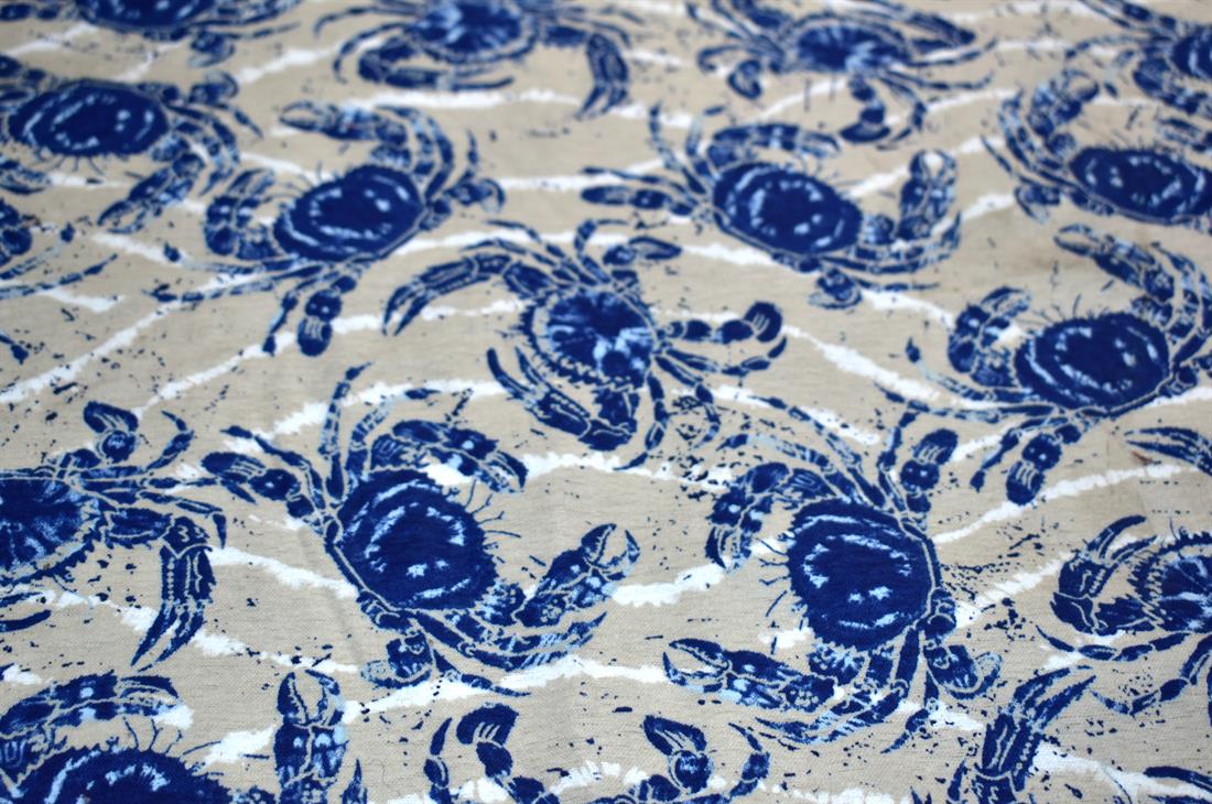 Beige & Navy Brushed Cotton Printed Fabric