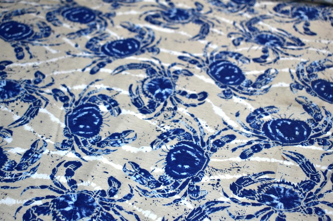 Beige & Navy Brushed Cotton Printed Fabric