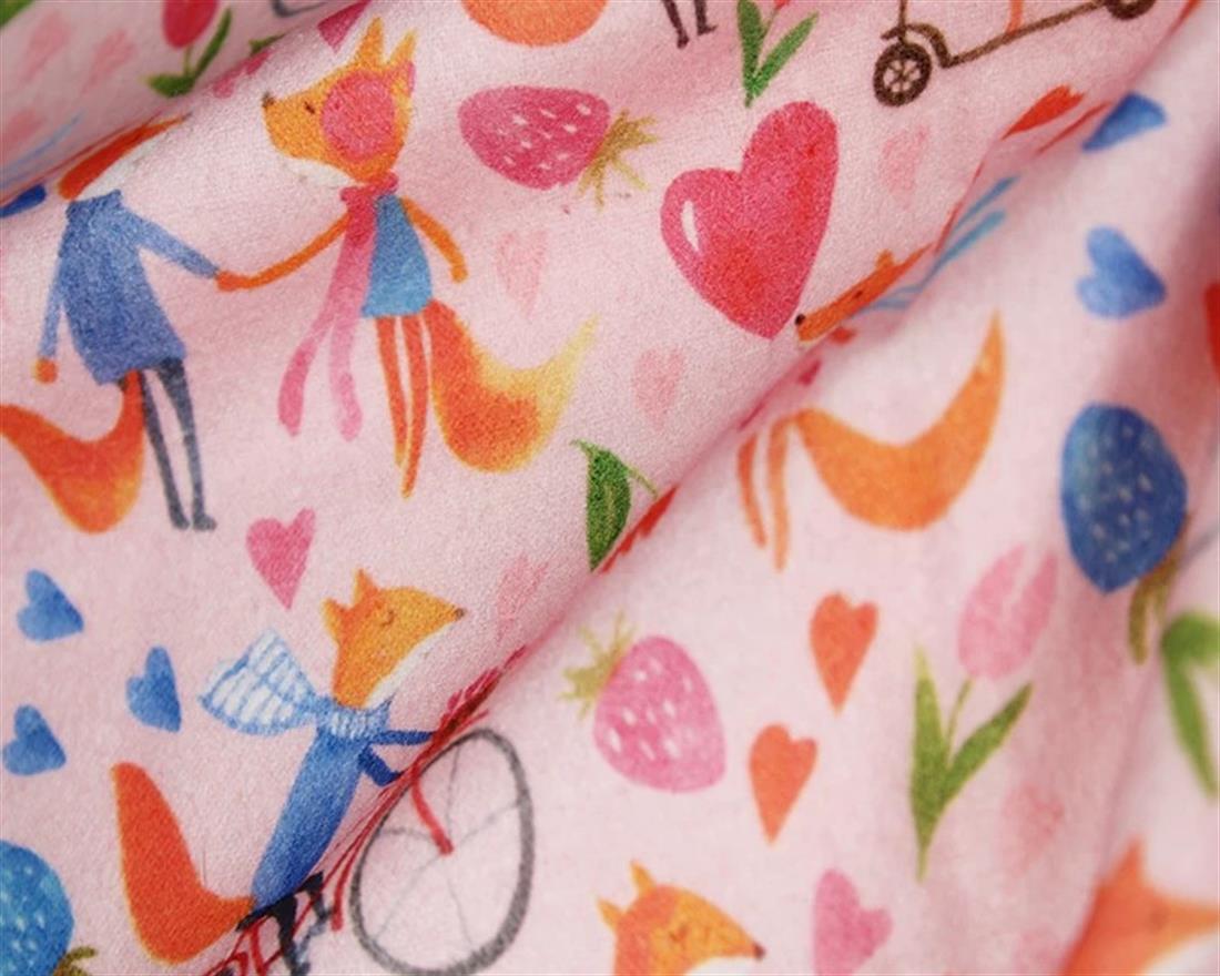 Light Pink Little Johnny Foxes Digital Winceyette Pure Cotton Fabric