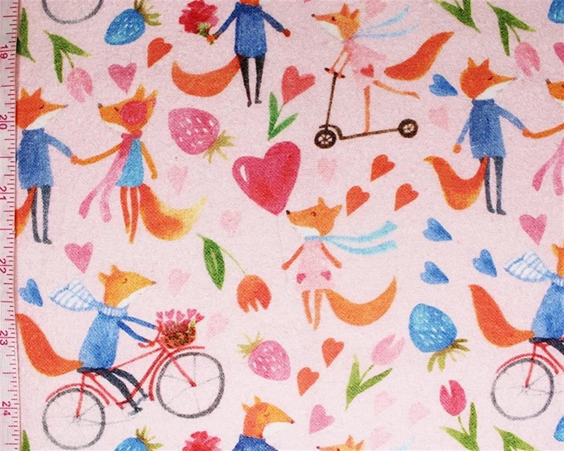 Light Pink Little Johnny Foxes Digital Winceyette Pure Cotton Fabric