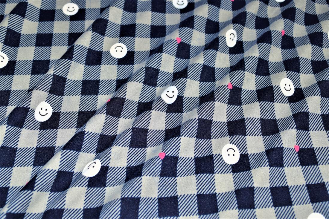 White & Navy Checked with Faces Soft Printed DTY Brushed Jersey