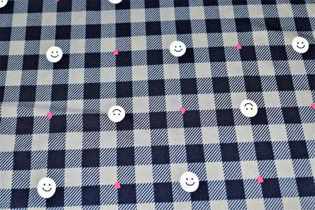 White & Navy Checked with Faces Soft Printed DTY Brushed Jersey