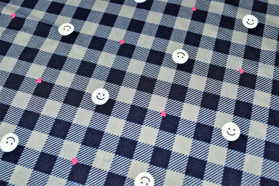 White & Navy Checked with Faces Soft Printed DTY Brushed Jersey