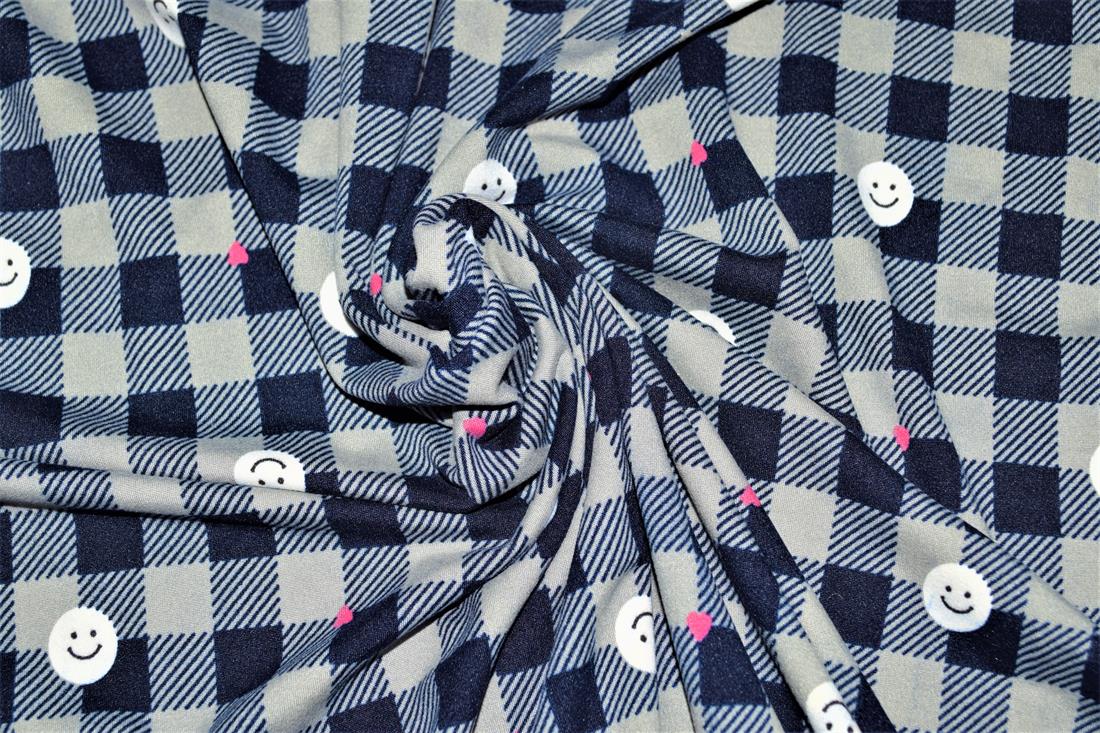 White & Navy Checked with Faces Soft Printed DTY Brushed Jersey