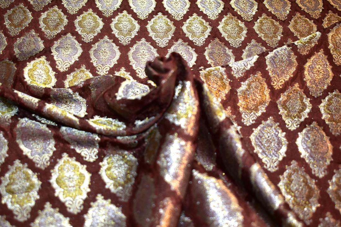 Brown Printed 100% Polyester Brocade Fabric