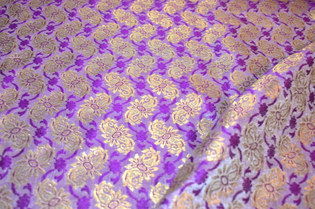 Majenta & Gold Printed 100% Polyester Brocade Fabric
