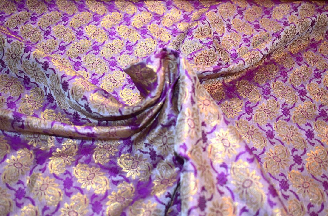 Majenta & Gold Printed 100% Polyester Brocade Fabric