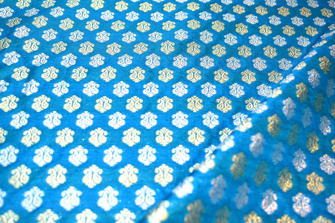 Turquoise Printed 100% Polyester Brocade Fabric