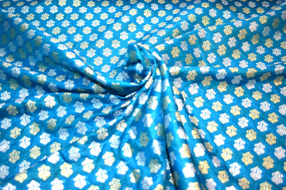 Turquoise Printed 100% Polyester Brocade Fabric