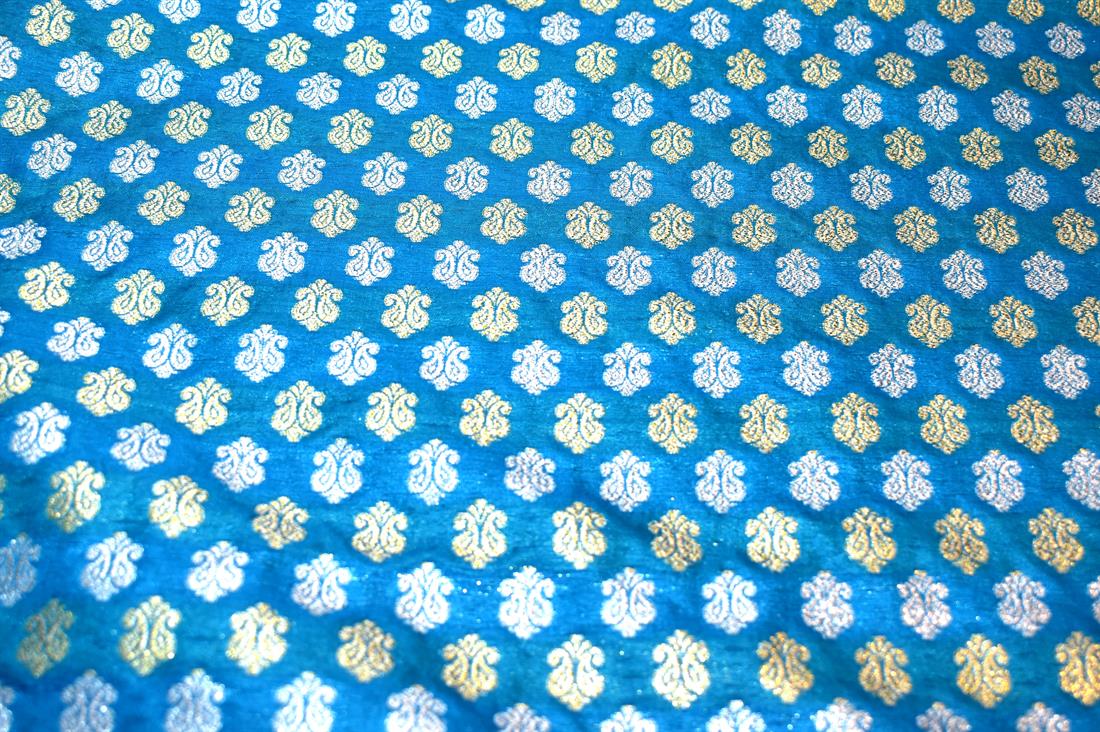 Turquoise Printed 100% Polyester Brocade Fabric