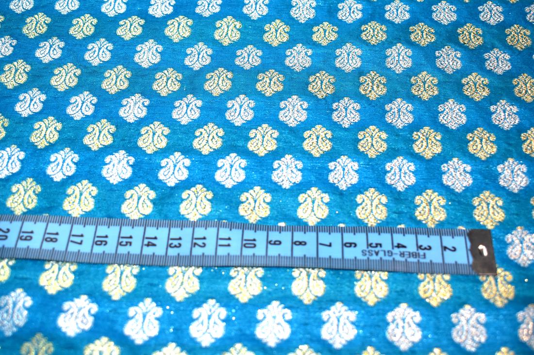 Turquoise Printed 100% Polyester Brocade Fabric