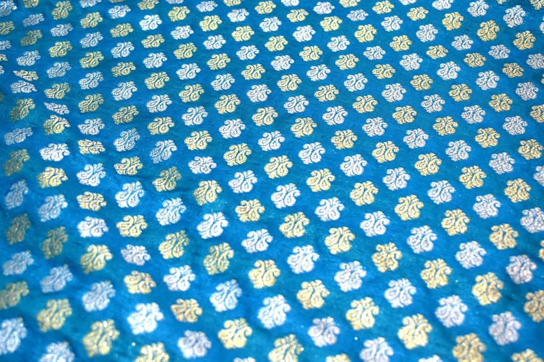Turquoise Printed 100% Polyester Brocade Fabric