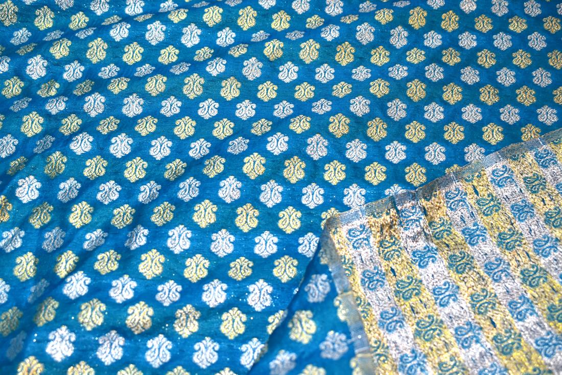 Turquoise Printed 100% Polyester Brocade Fabric
