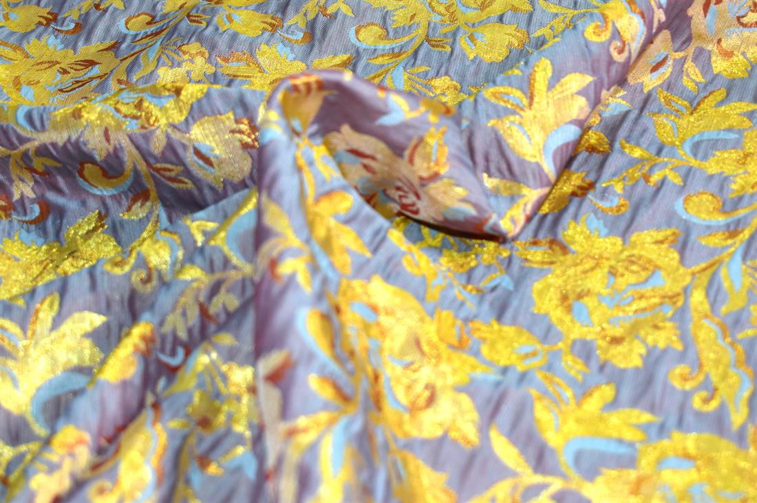 Ocean & Yellow Printed 100% Polyester Brocade Fabric