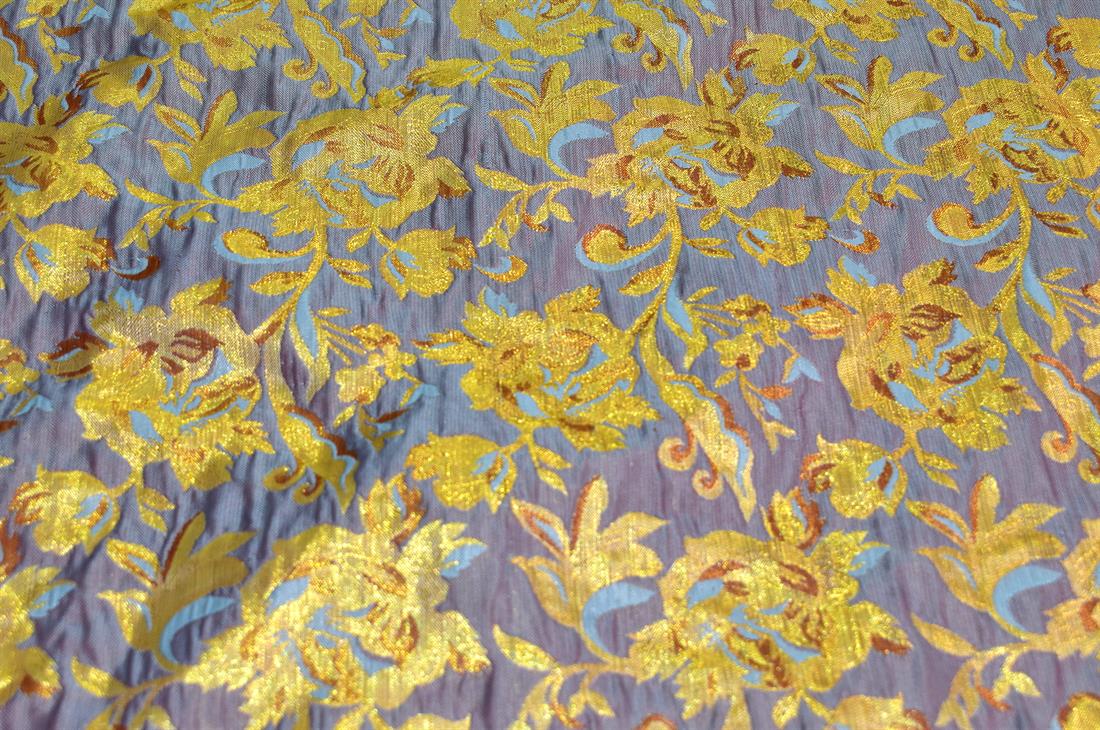 Ocean & Yellow Printed 100% Polyester Brocade Fabric
