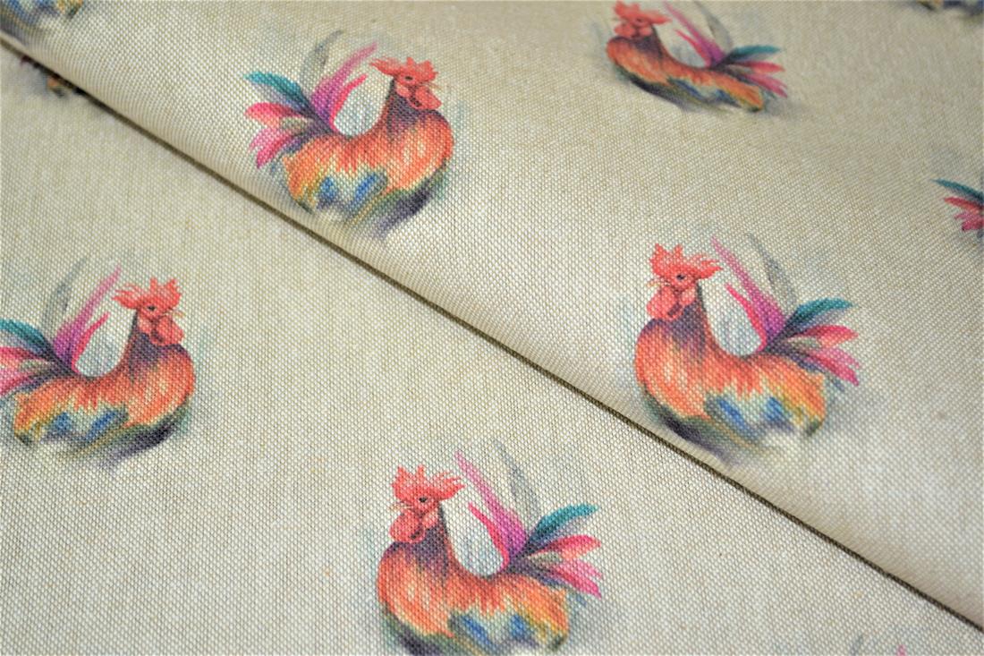 Natural Rooster Print Canvas Fabric