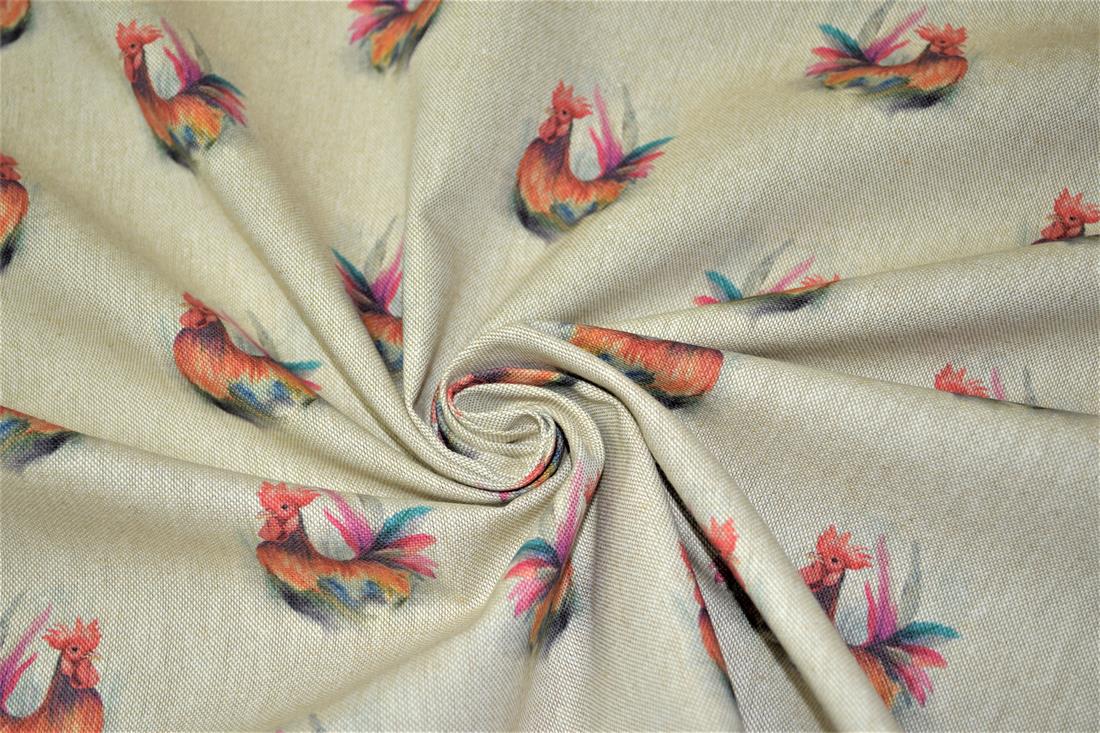 Natural Rooster Print Canvas Fabric