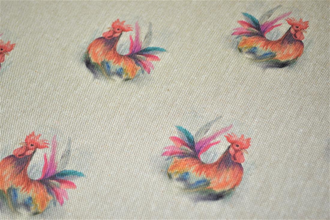 Natural Rooster Print Canvas Fabric